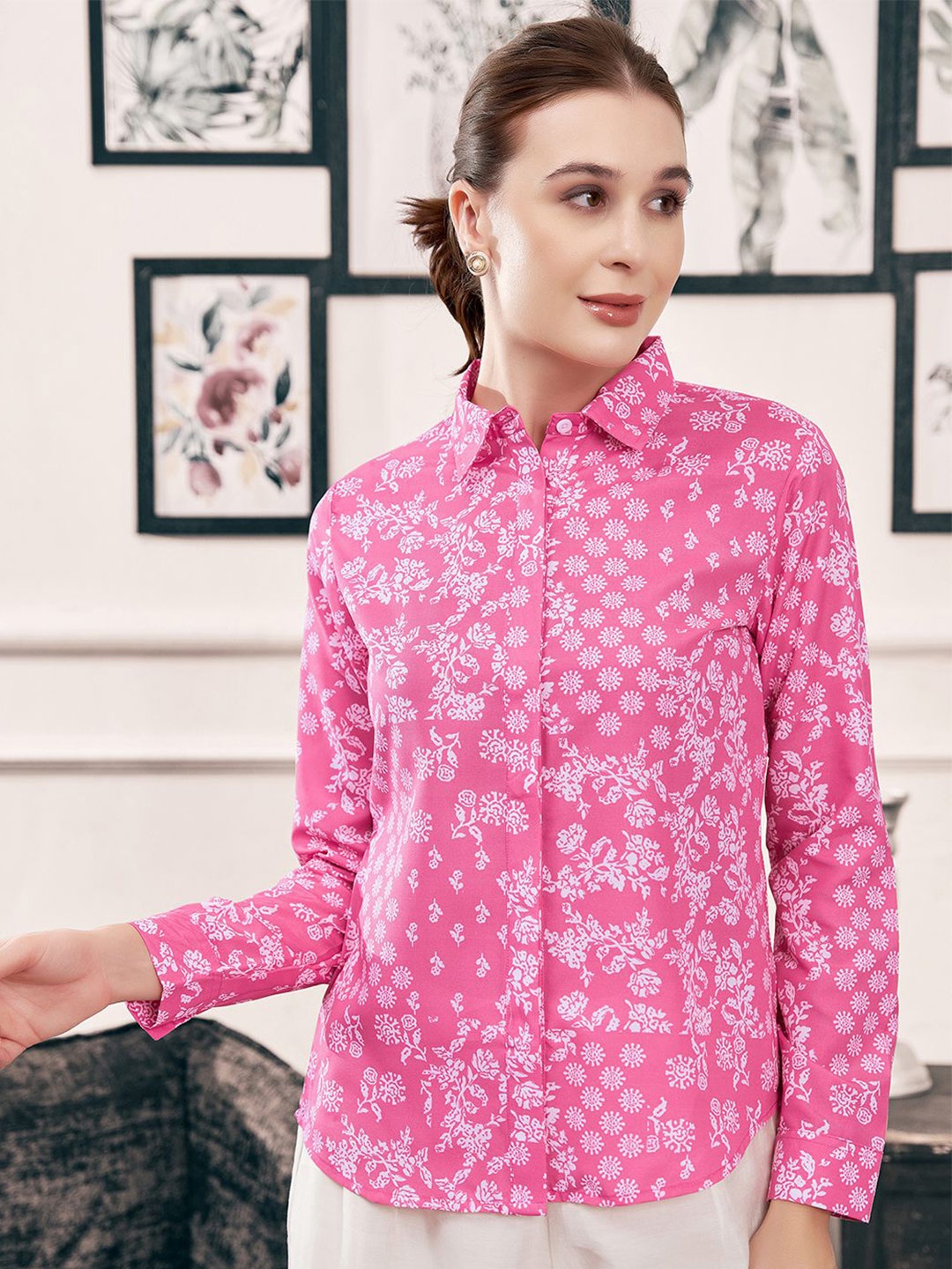 

Selvia Women Cotton Relaxed Opaque Floral Printed Casual Shirt, Pink