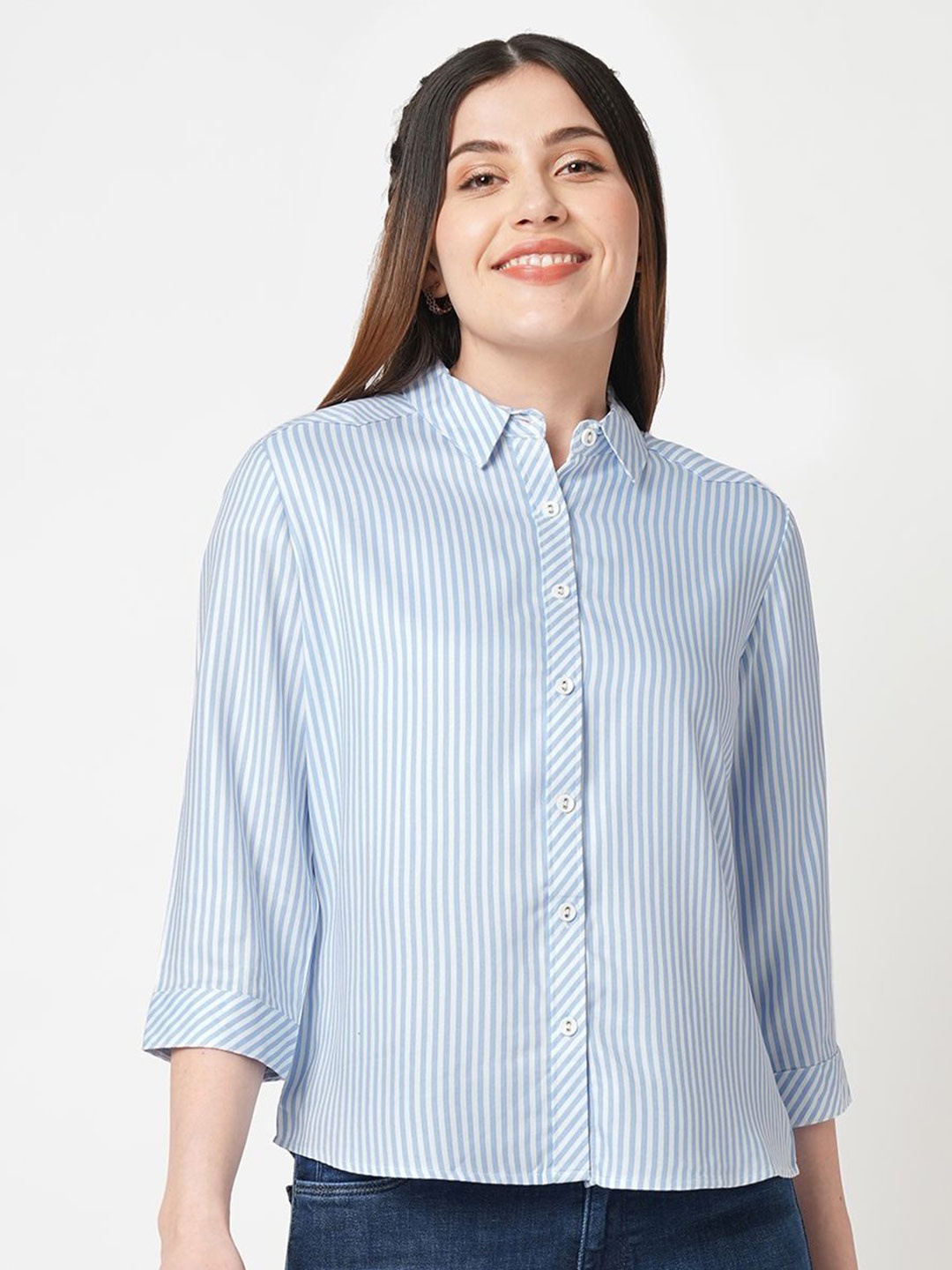 

Kraus Jeans Women Slim Fit Opaque Striped Casual Shirt, Blue