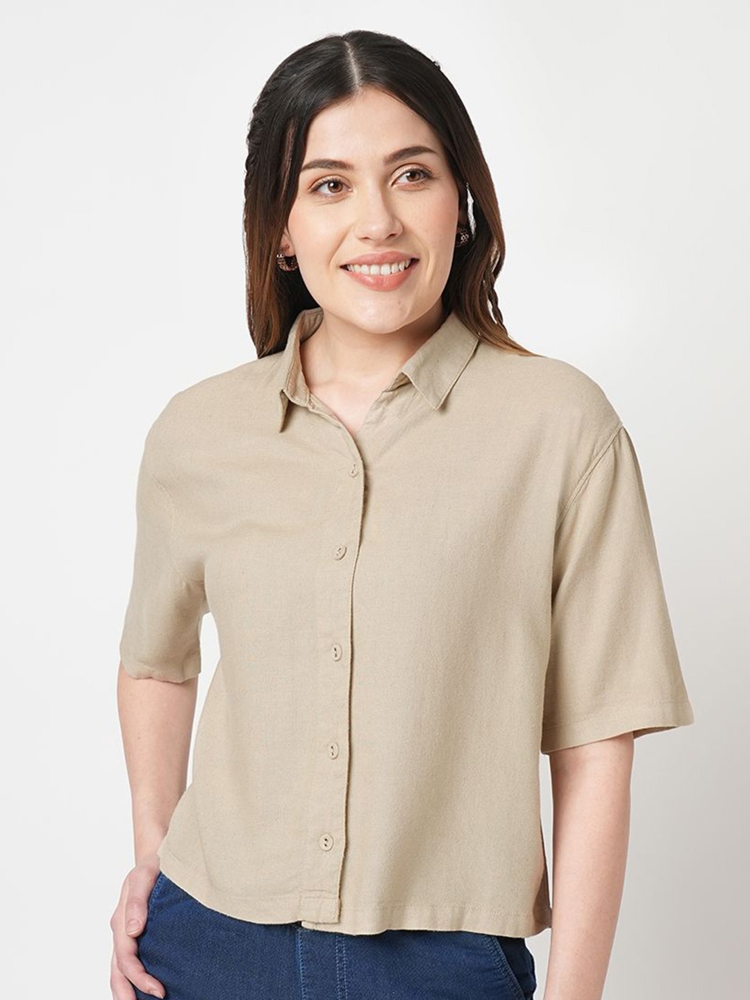 

Kraus Jeans Women Slim Fit Opaque Casual Shirt, Beige