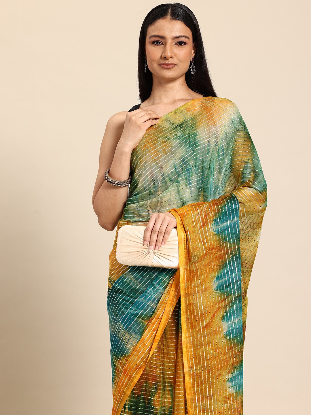 

HERE&NOW Striped Zari Bhagalpuri Saree, Yellow