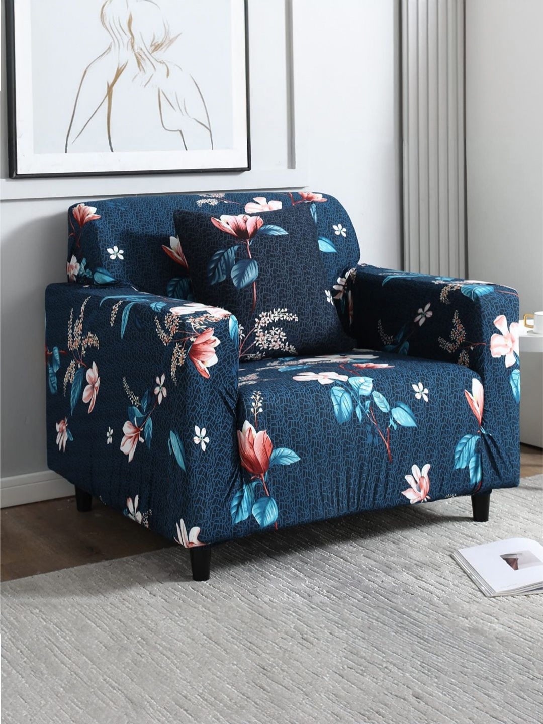 

Furshine Blue & Pink Floral Printed Sofa Cover With Arms