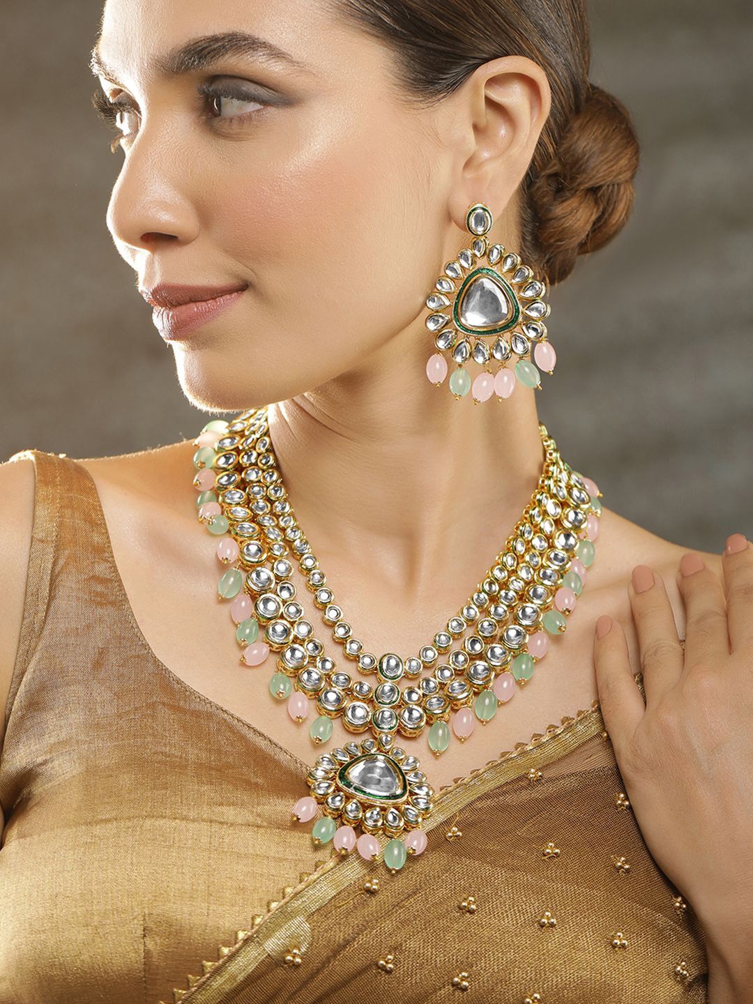 

Rubans 24K Gold-Plated Kundan-Studded Multicolor Beaded Triple Layered Jewellery Set