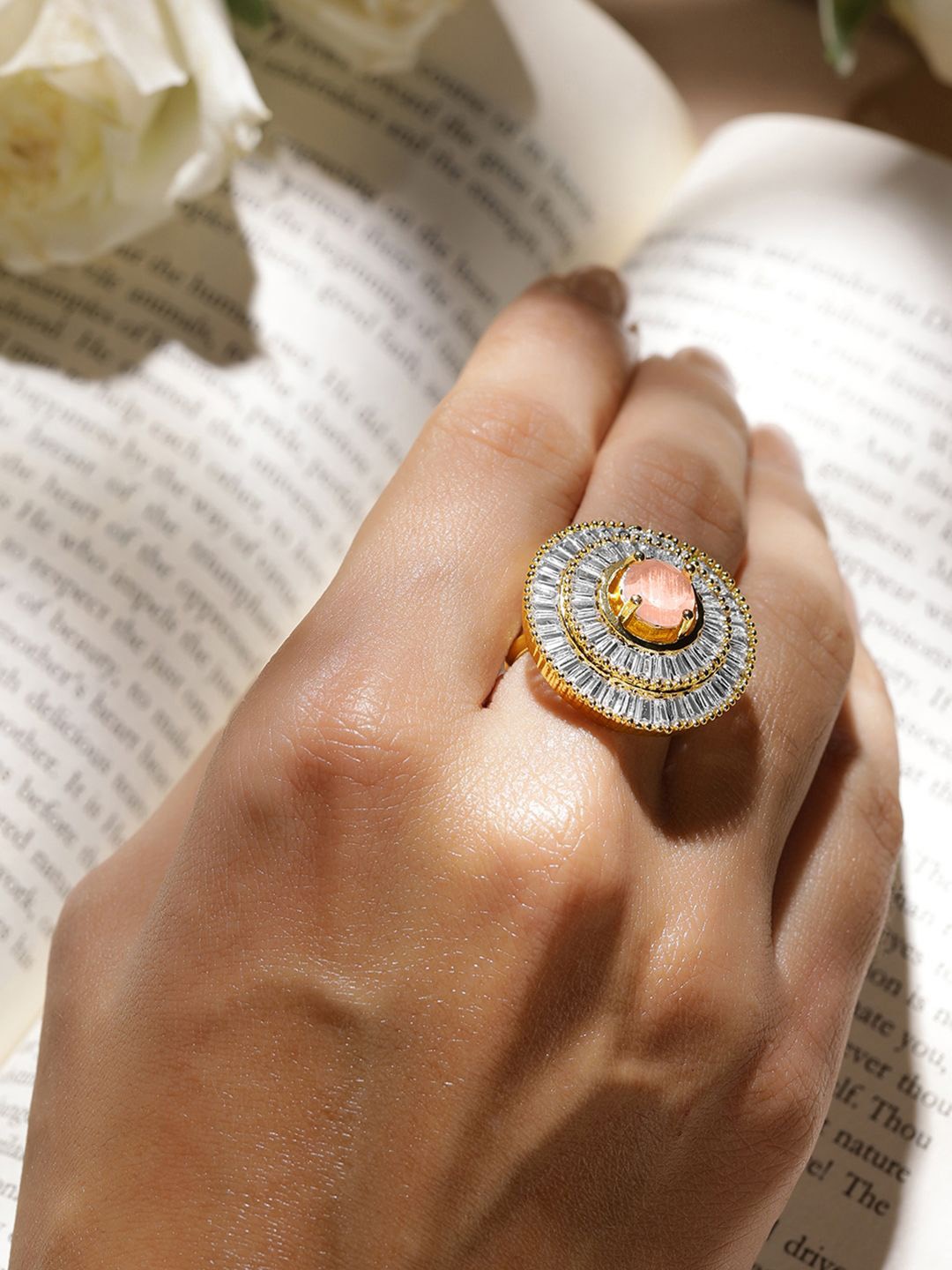 

Rubans 18K Gold-Plated Pink Sapphire & Cubic Zirconia-Studded Adjustable Finger Ring
