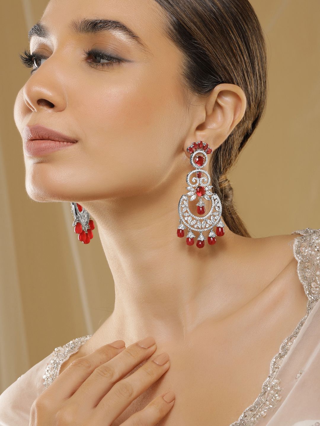 

Rubans Rhodium-Plated Ruby & Zirconia Studded Red Beaded Long Chandbali Earrings, Silver