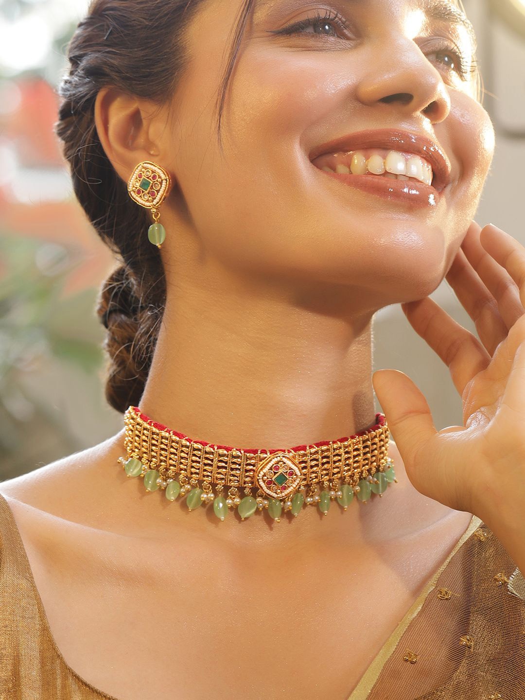 

Rubans Premium 22K Gold-Plated Choker with Green Beads & Kundan Accents Jewelry Set