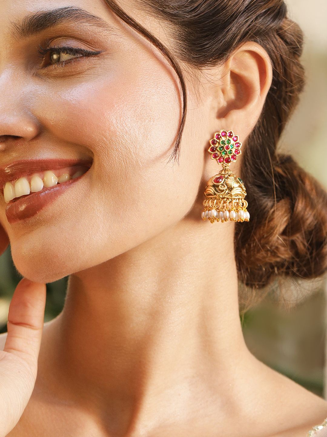 

Rubans 22KT Gold-Plated Dome Shaped Ruby Stone Studded Pearls Jhumkas