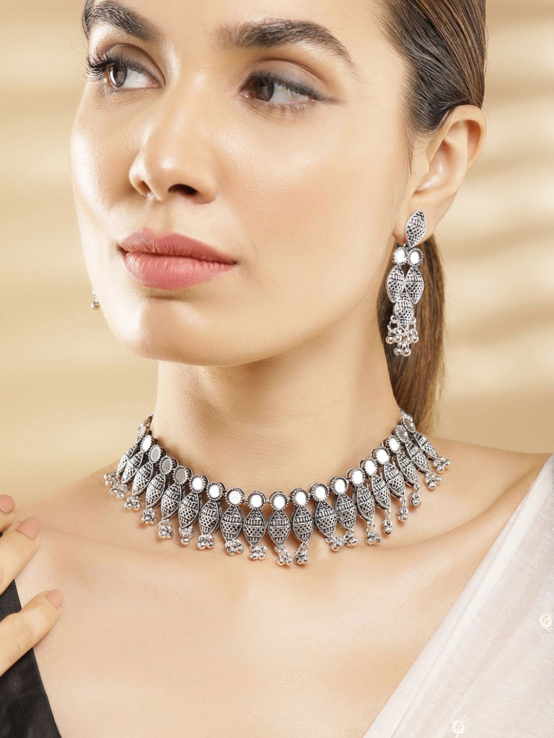 

Rubans Rhodium Plated Mirror Work& Beaded Oxidized Jewellery Set, Silver