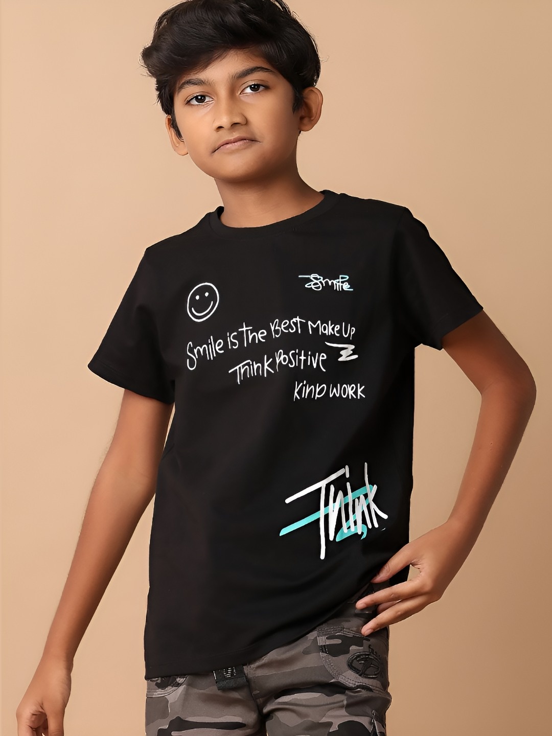 V-Mart Boys Typography Printed Round Neck Cotton T-shirt, Black