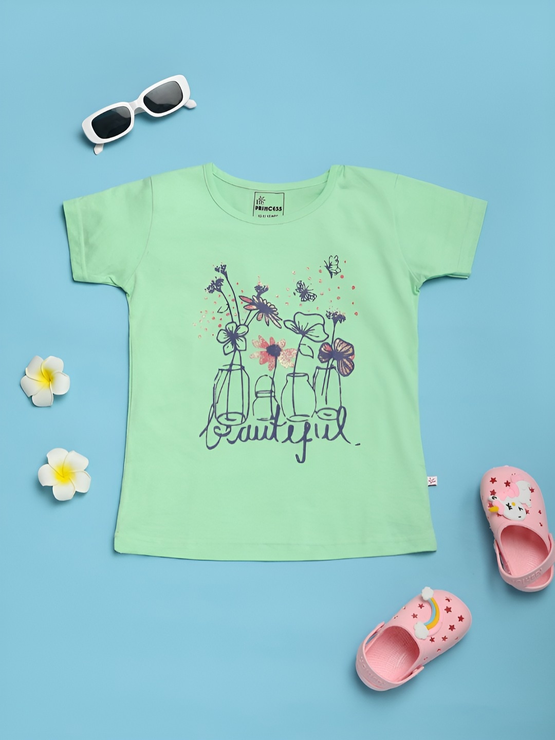 

V-Mart Girls Floral Printed T-shirt, Green