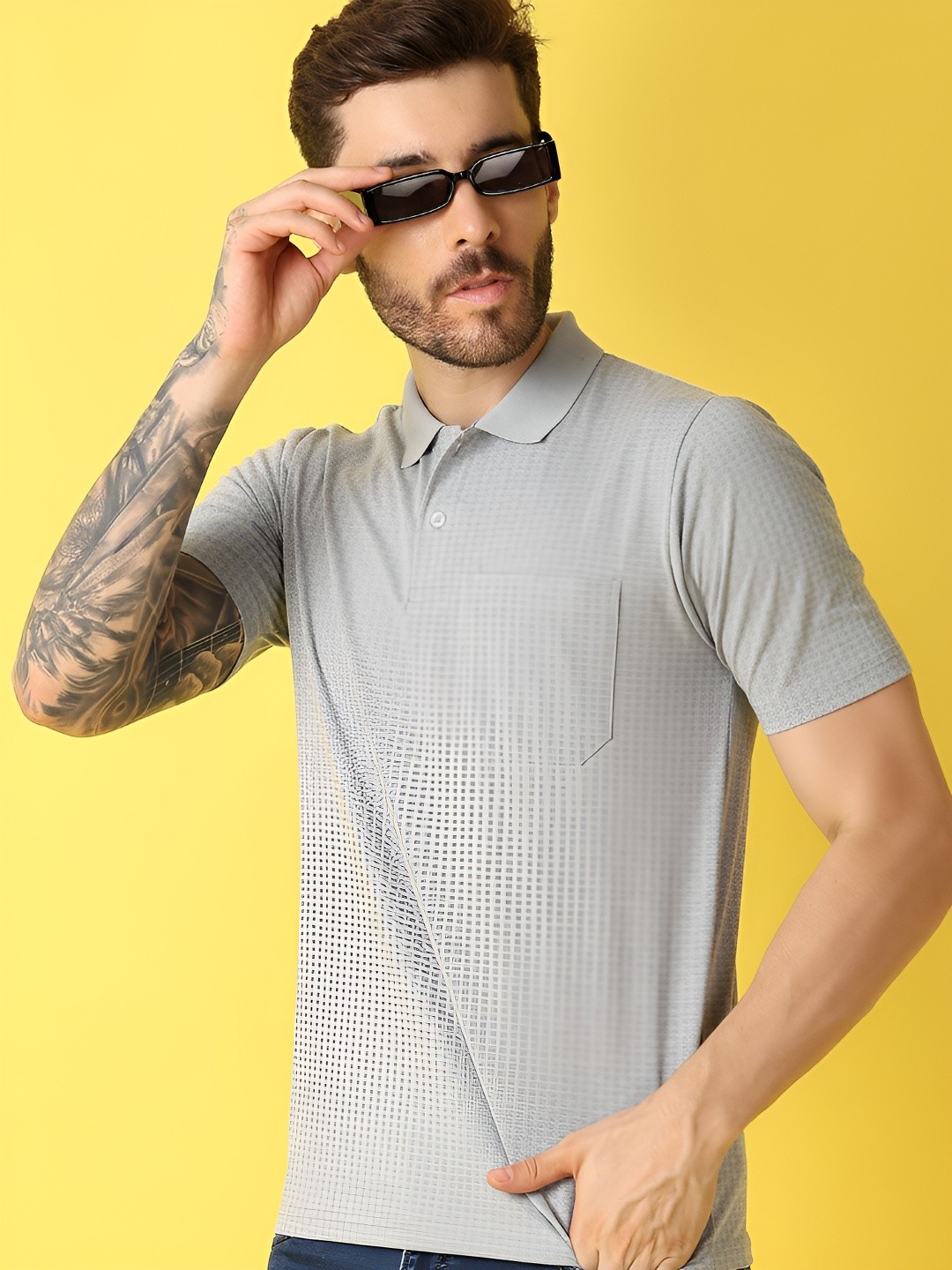 

V-Mart Men Solid Polo Collar Pocket Cotton Slim Fit T-shirt, Grey