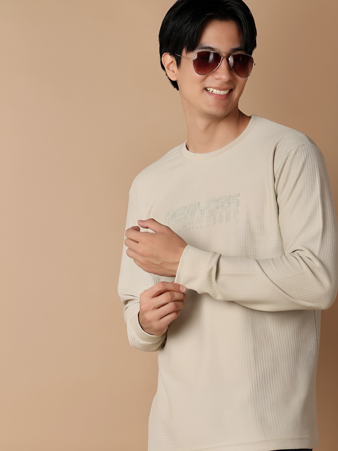 

V-Mart Men Typography Printed Round Neck Cotton T-shirt, Beige