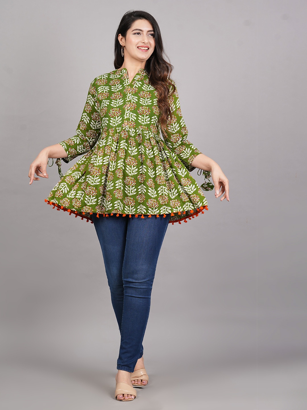 

JAFFRY EMBROIDERY Print Mandarin Collar Bell Sleeve Peplum Top, Green