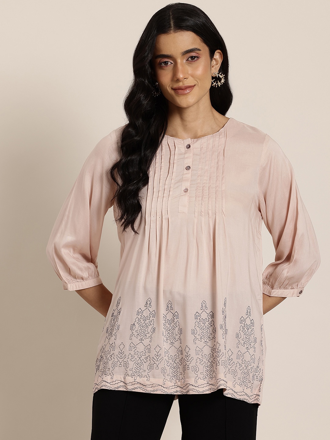 

HERE&NOW Geometric Print Puff Sleeves Longline Top, Rose gold
