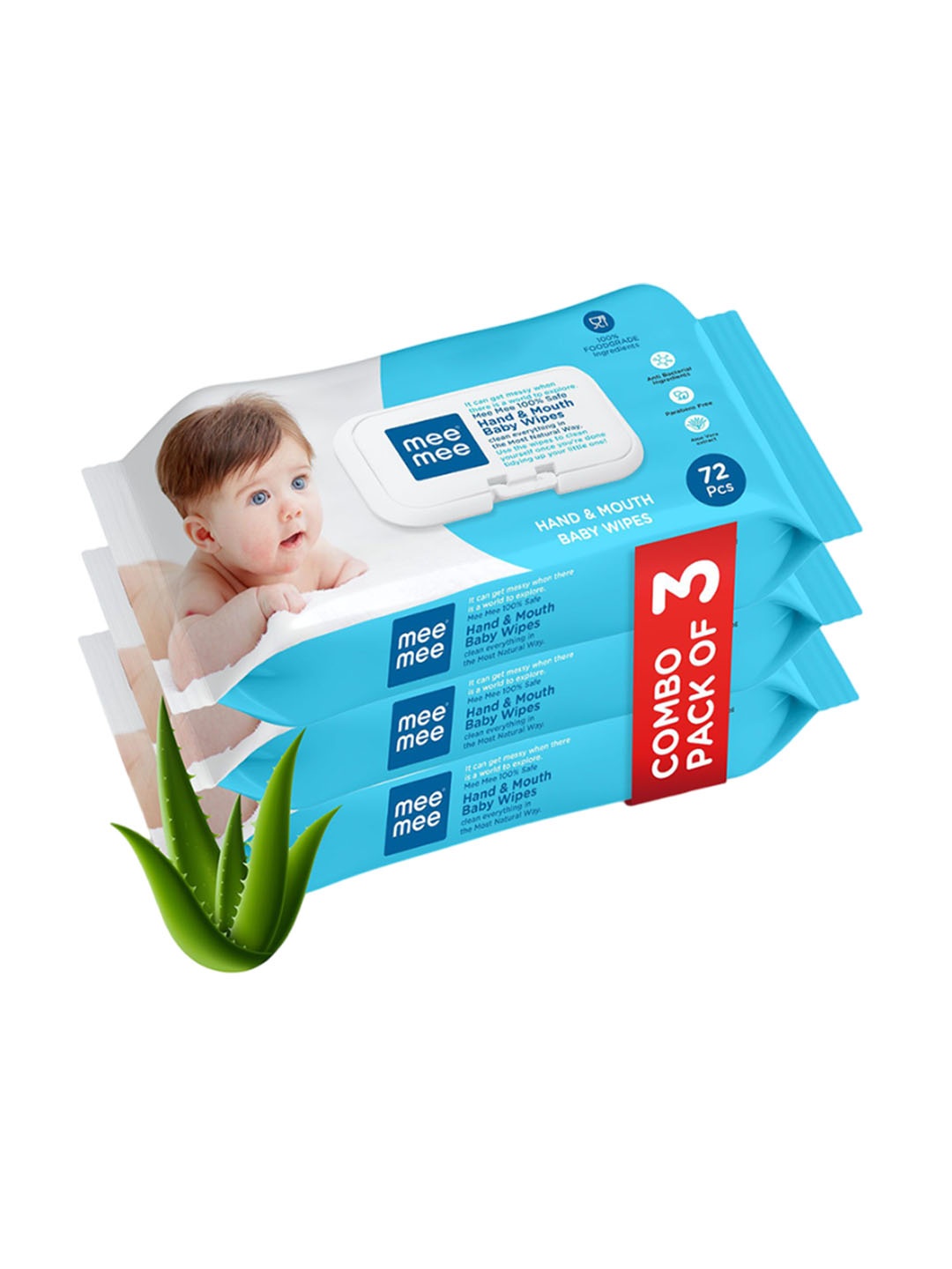 

MeeMee Set of 3 Baby Wet Wipes with Aloe Vera Extracts - 72 Peices Each, Blue