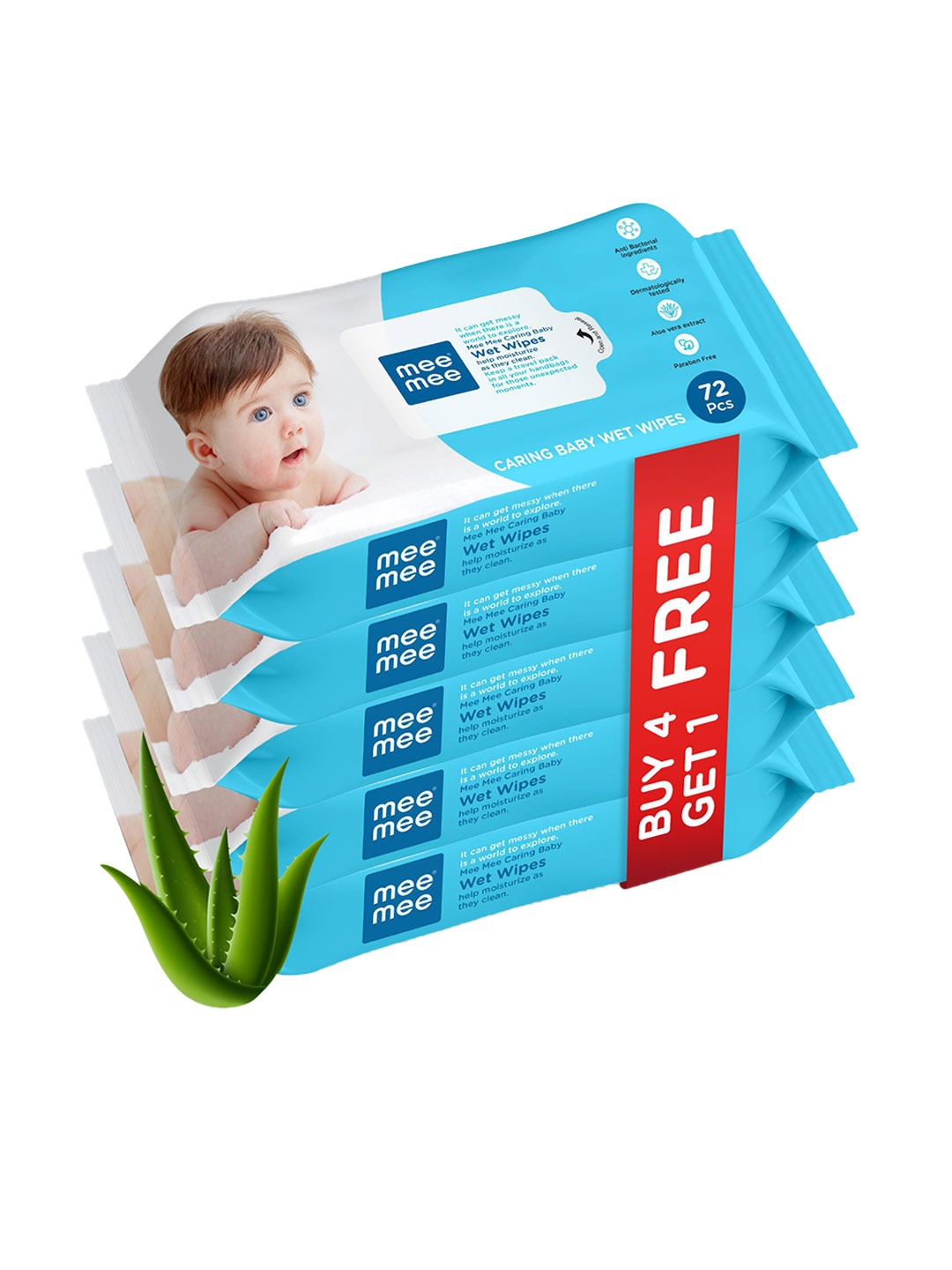 

MeeMee Set of 5 Baby Wet Wipes with Aloe Vera Extracts - 72 Peices Each, Blue