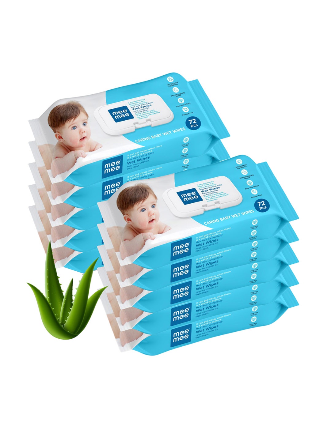 

MeeMee Set Of 10 Baby Wet Wipes With Aloe Vera Extracts - 72Pcs Each, White