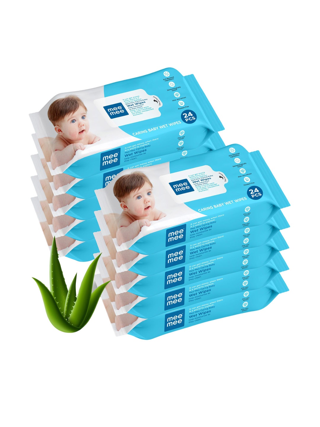 

MeeMee Set Of 10 Baby Wet Wipes With Aloe Vera Extracts - 24Pcs Each, White