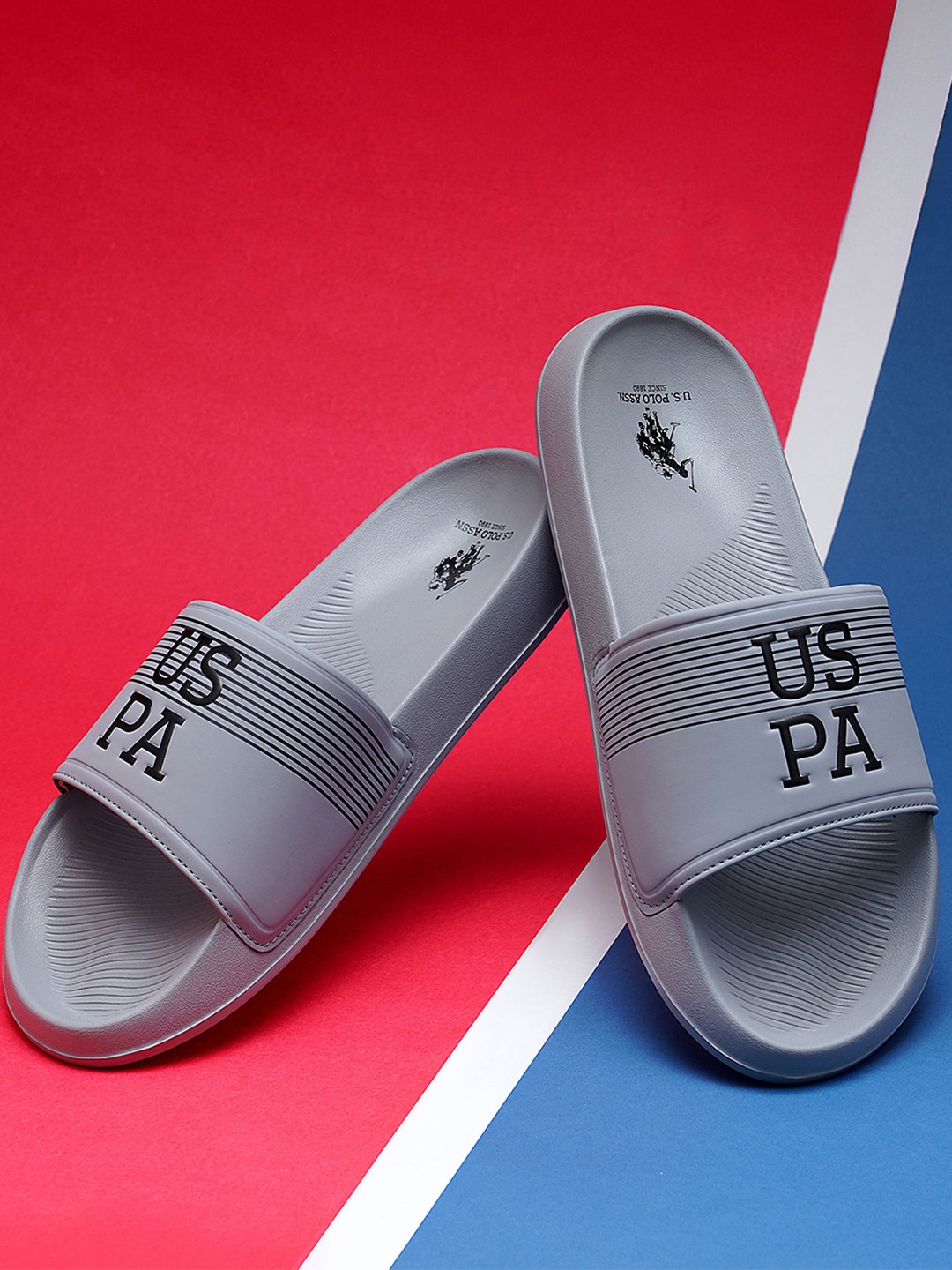 

U.S. Polo Assn. Men BEESLEY Brand Logo Printed Sliders, Grey