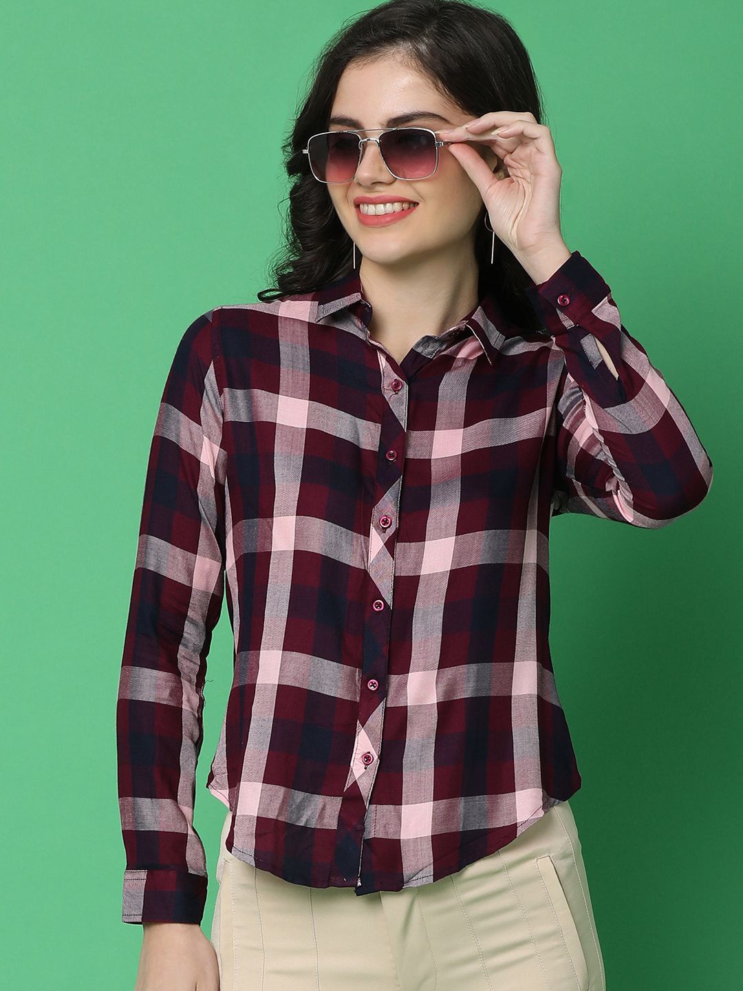 

UNLIMITED Women Classic Tartan Checks Opaque Checked Casual Shirt, Maroon