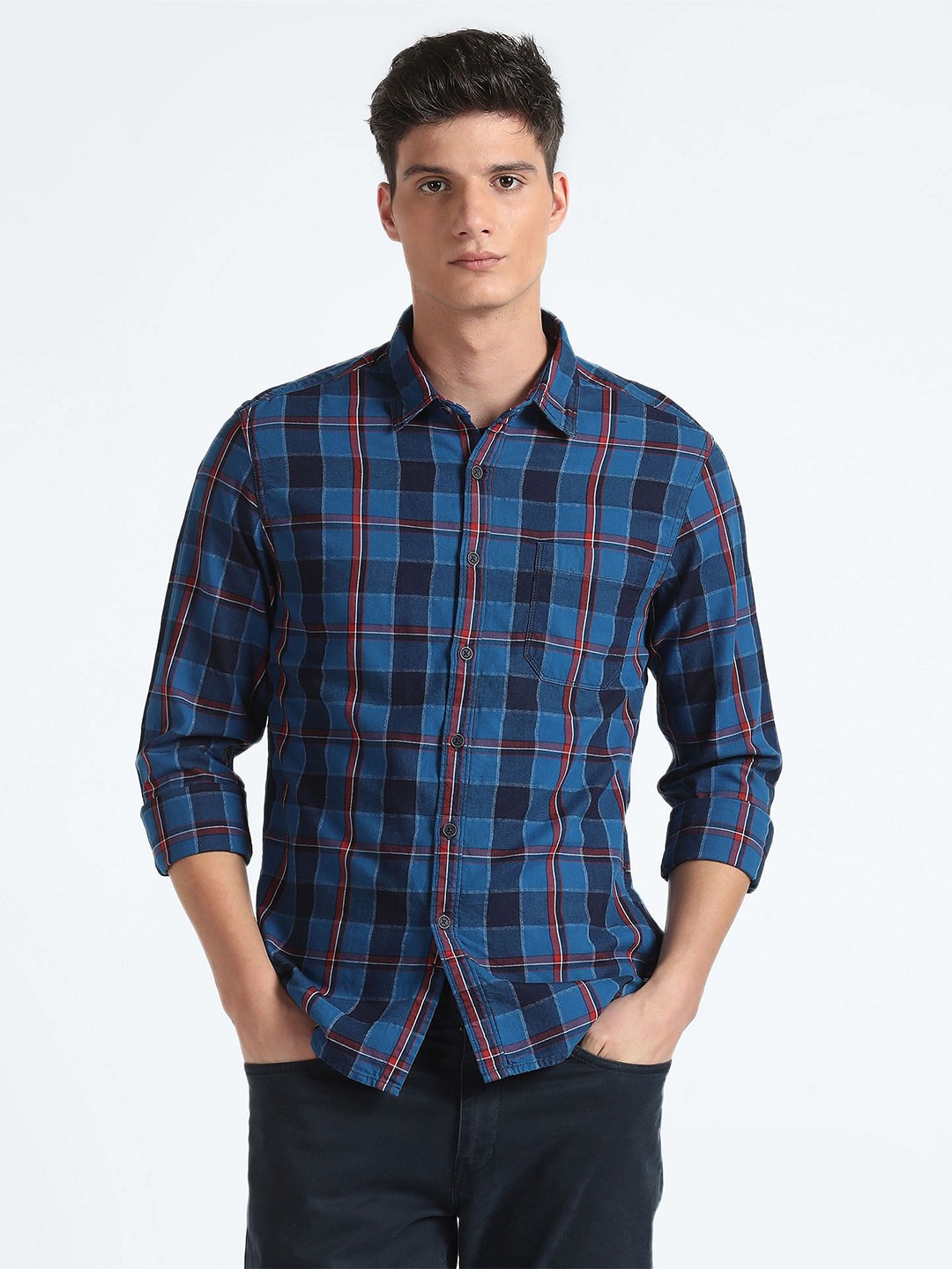 

Flying Machine Men Checked Pure Cotton Shirt, Blue