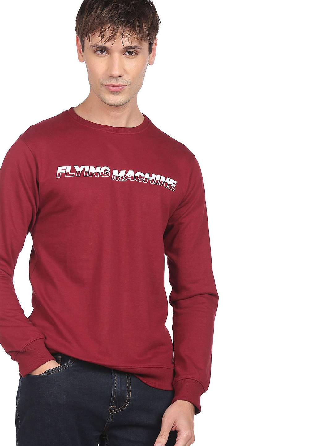 

Flying Machine Men Round Neck Sweatshirt, Red