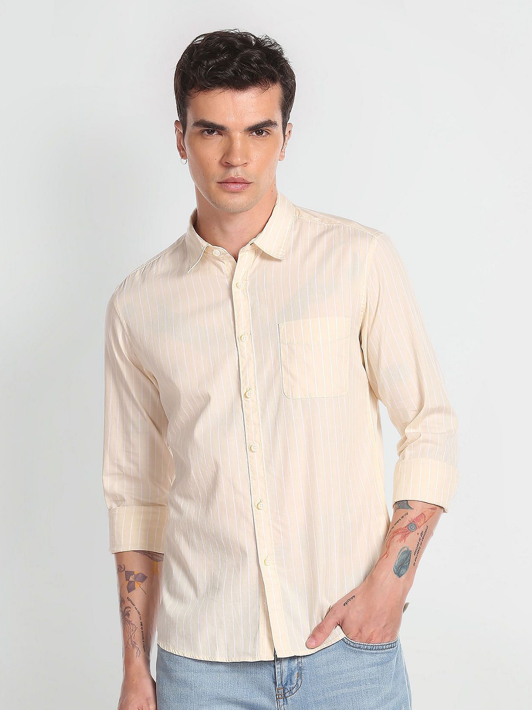 

Flying Machine Men Slim Fit Striped Pure Cotton Shirt, Yellow