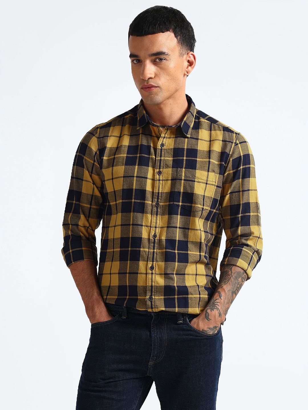 

Flying Machine Men Tartan Checks Opaque Checked Casual Shirt, Yellow