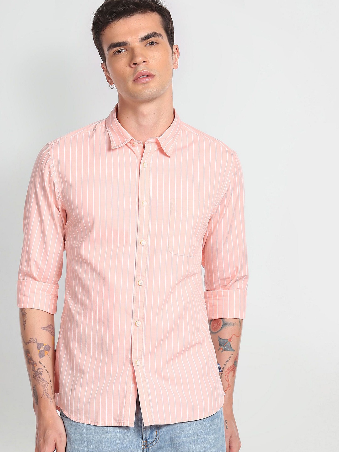 

Flying Machine Men Slim Fit Striped Pure Cotton Shirt, Peach