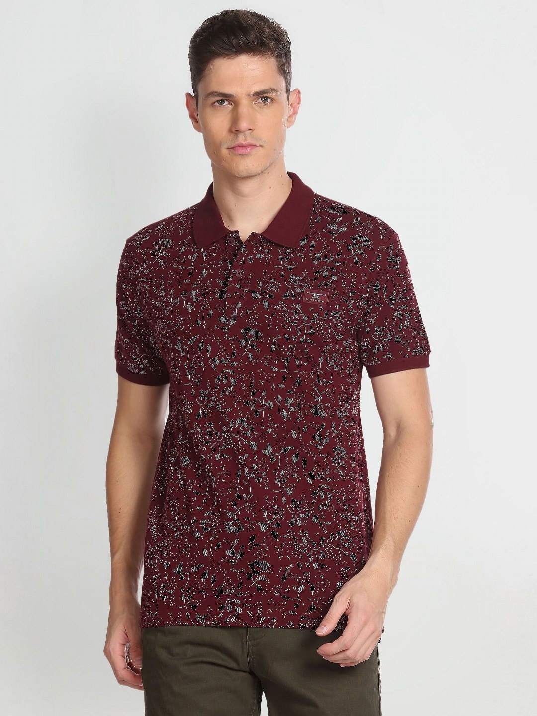 

Flying Machine Men Floral Printed Polo Collar Pockets Slim Fit T-shirt, Red