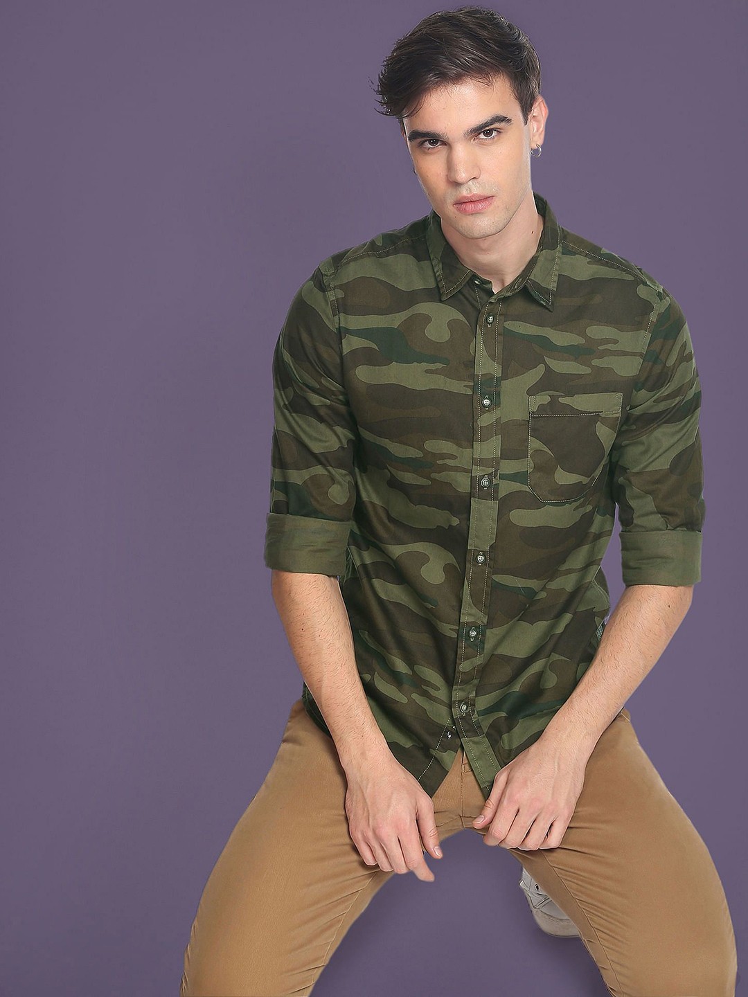 

Flying Machine Men Slim Fit Opaque Camouflage Printed Casual Shirt, Green