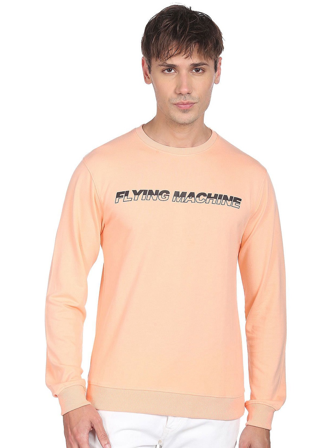 

Flying Machine Men Printed Round Neck Sweatshirt, Orange