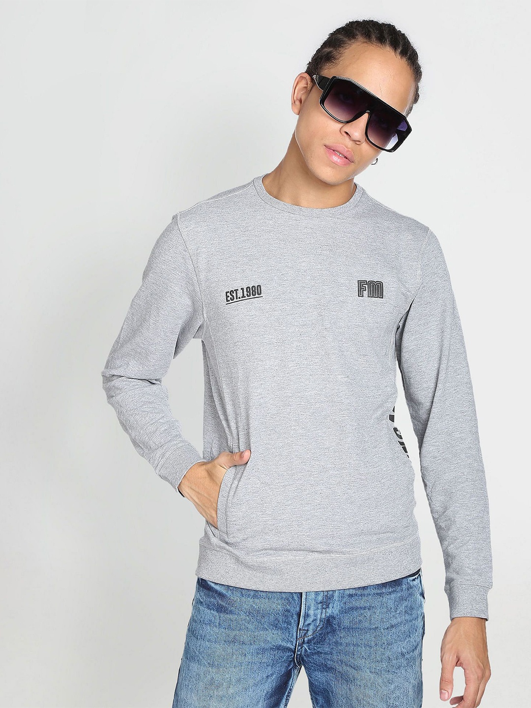 

Flying Machine Men Round Neck Sweatshirt, Grey