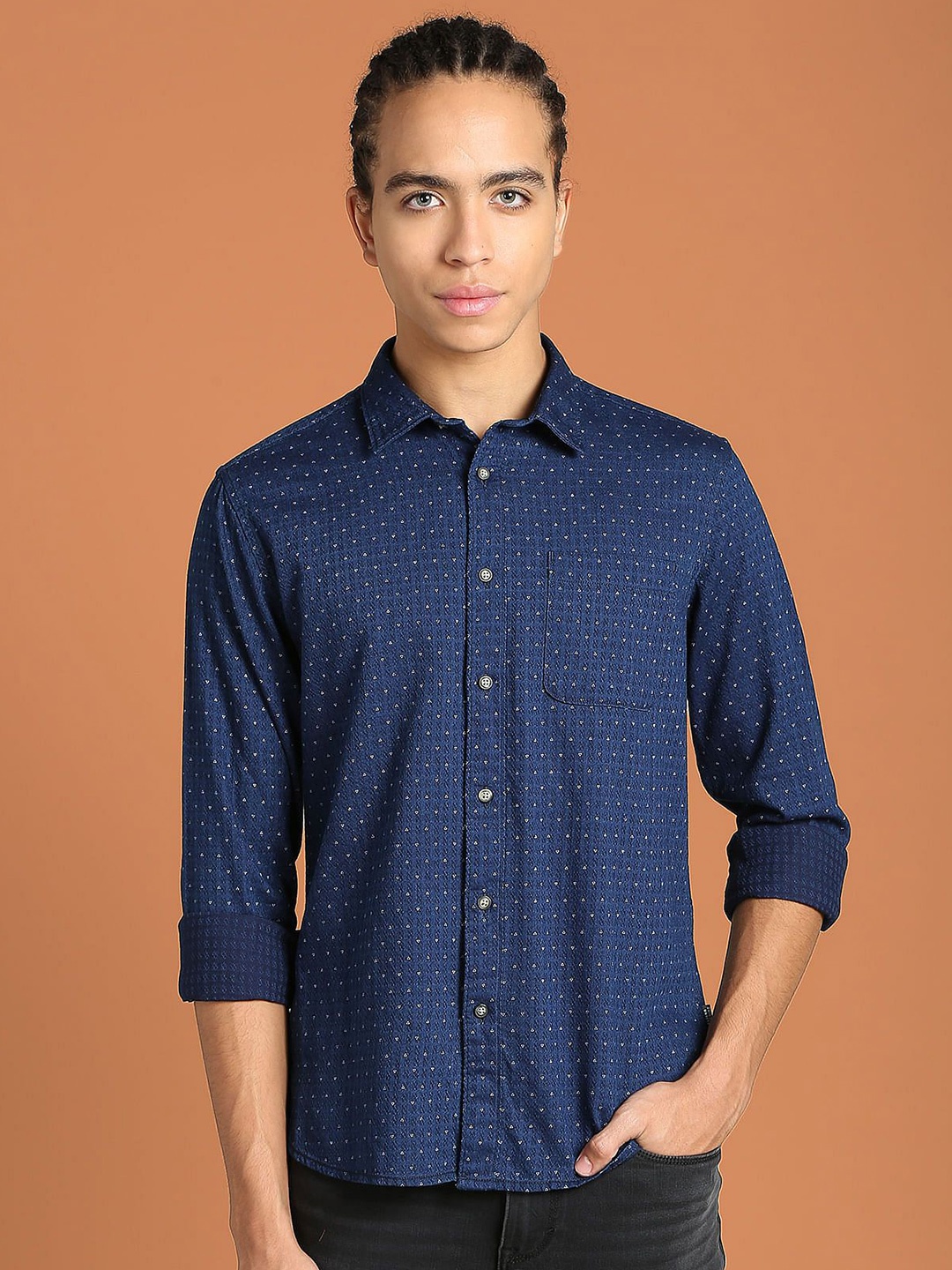 

Flying Machine Men Cotton Slim Fit Opaque Geometric Printed Casual Shirt, Blue