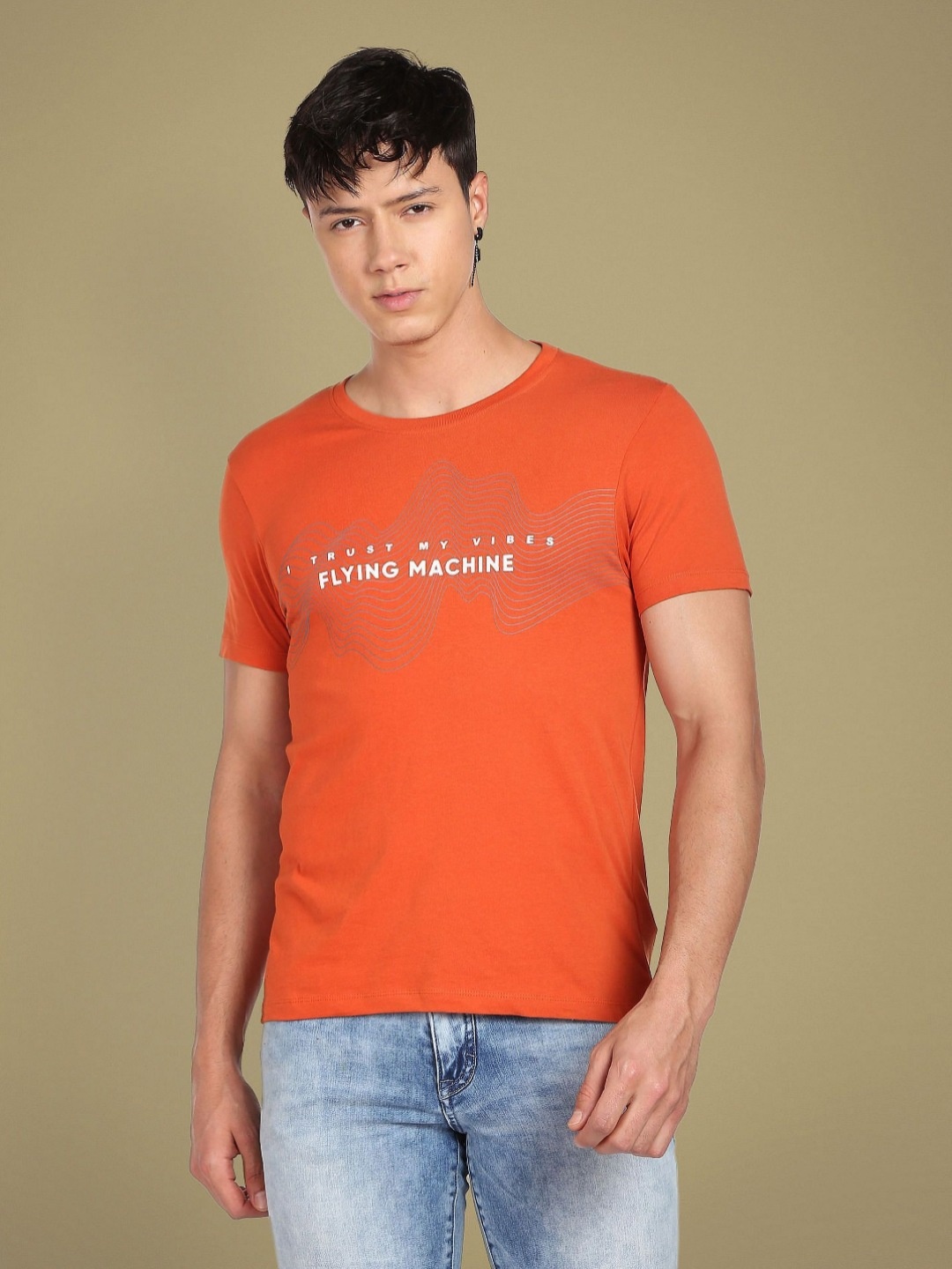

Flying Machine Men Typography Printed V-Neck Pockets Slim Fit T-shirt, Orange