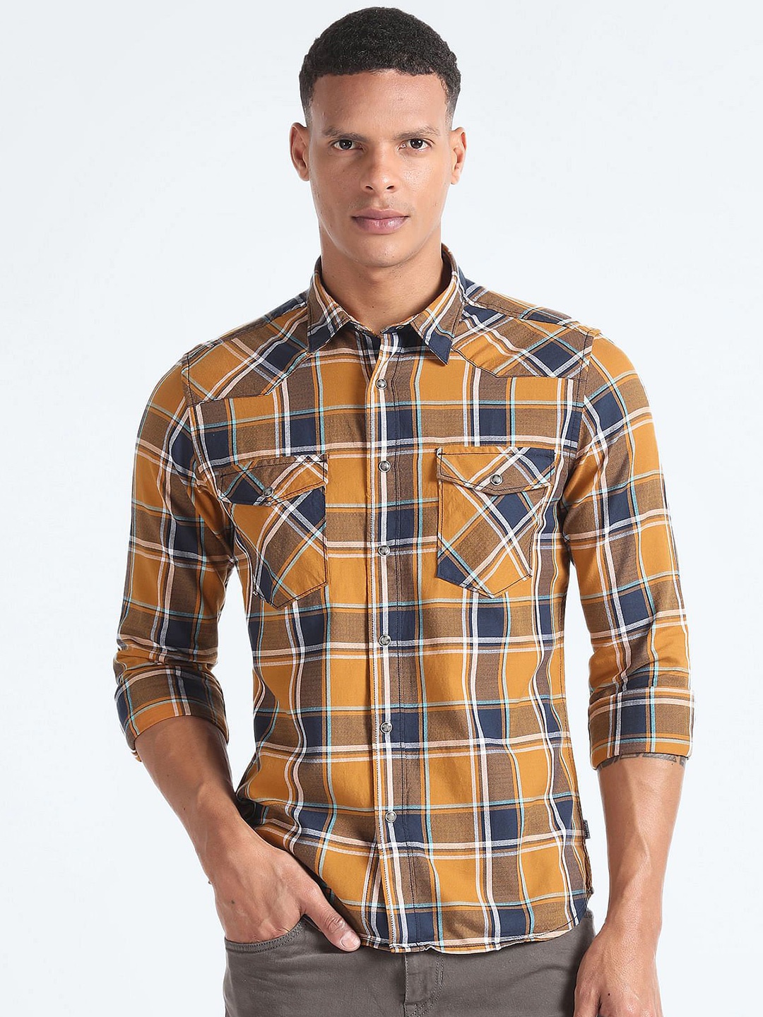 

Flying Machine Men Cotton Tartan Opaque Checked Casual Shirt, Yellow