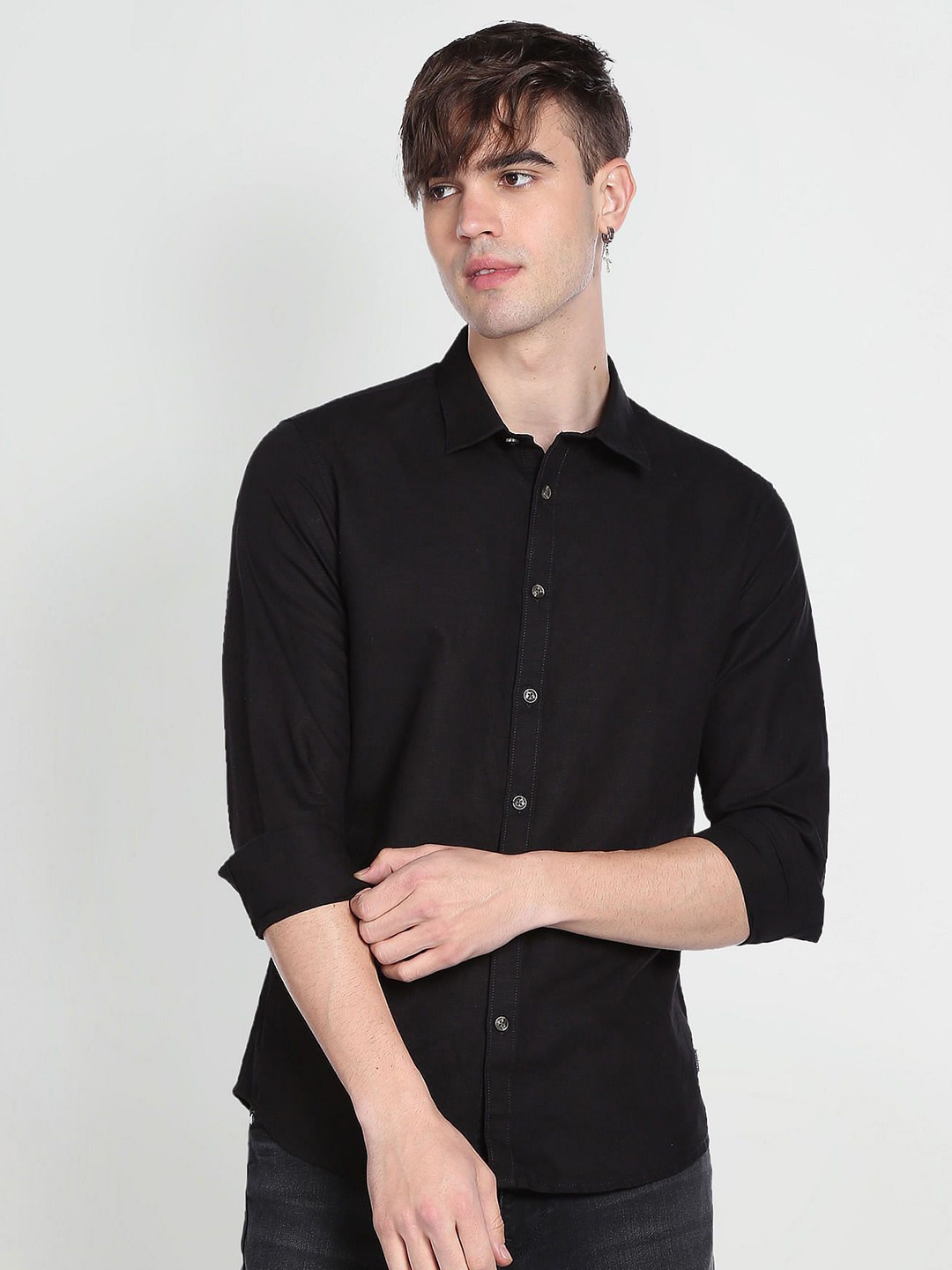 

Flying Machine Men Linen Slim Fit Opaque Casual Shirt, Black