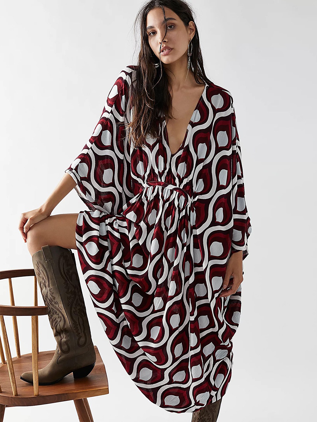 

LULU & SKY Women Abstract Printed V-Neck Maxi Kaftan Dress, Maroon