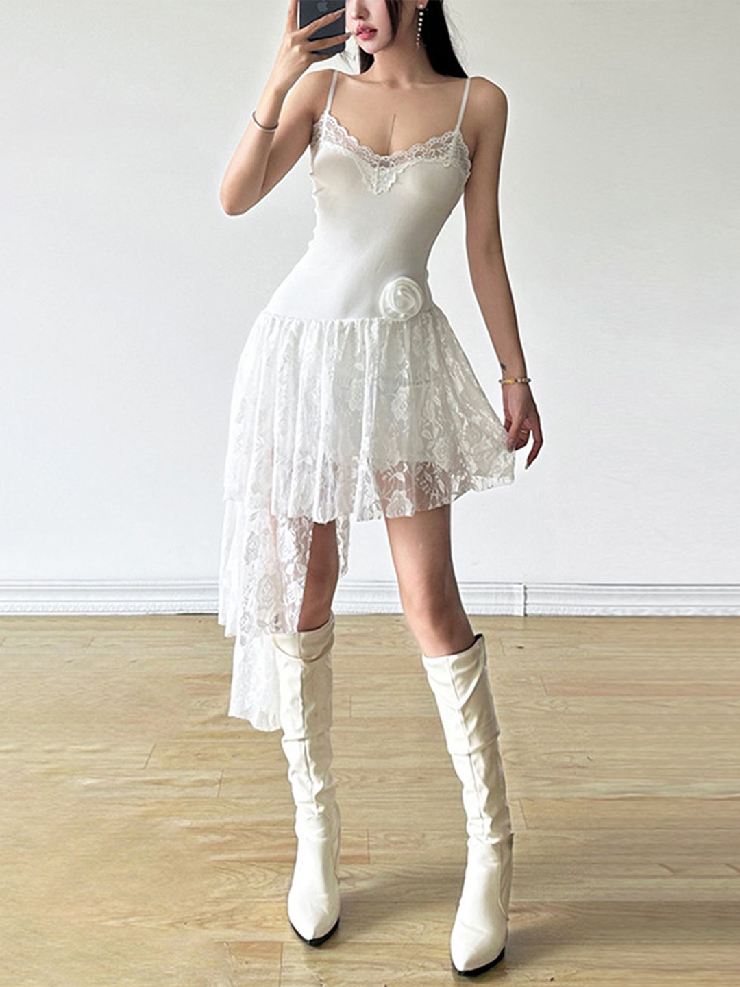 

LULU & SKY Women Self Design Shoulder Straps Fit & Flare Mini Dress, White