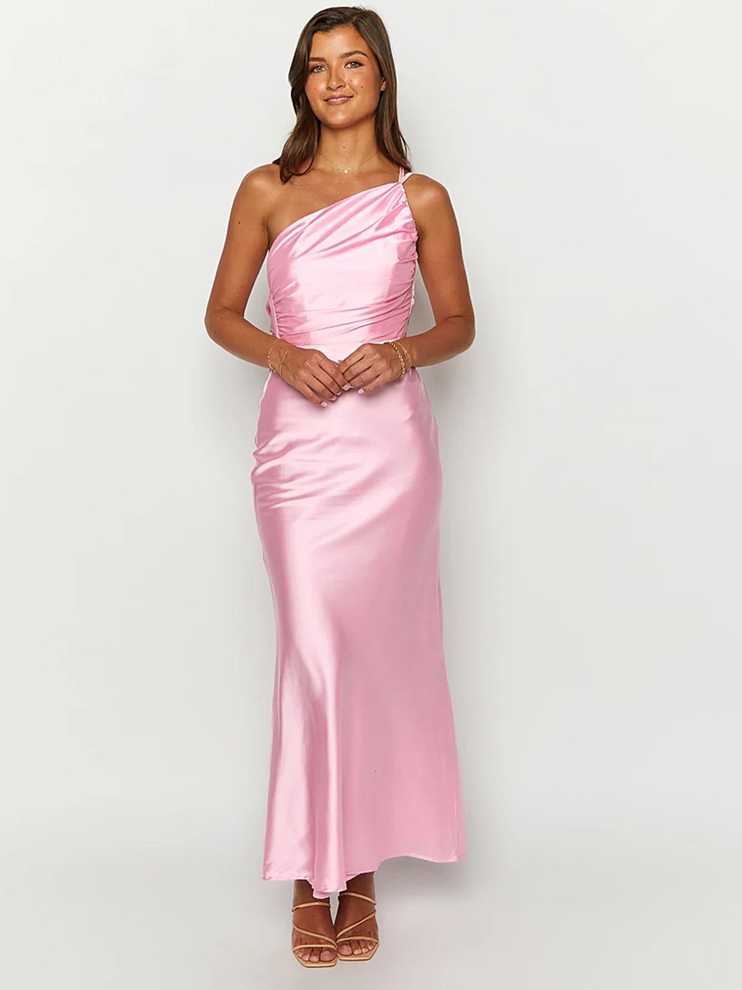 

LULU & SKY Women Solid One Shoulder Sleeveless Maxi Dress, Pink