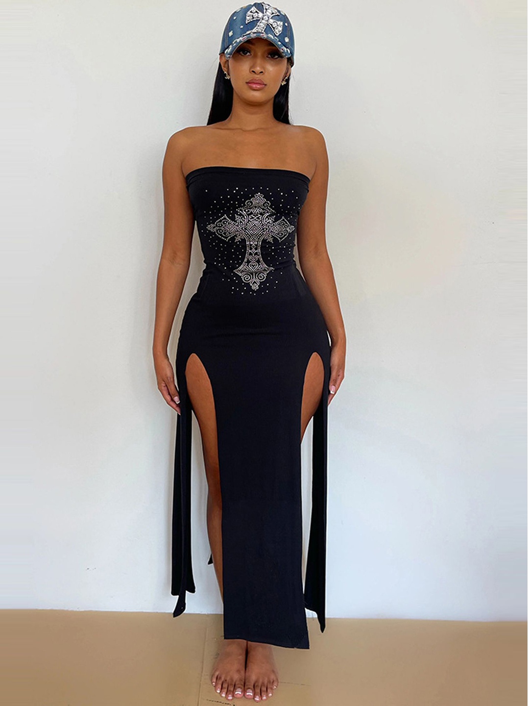 

LULU & SKY Rhinestone Embellished Strapless Maxi Dress, Black