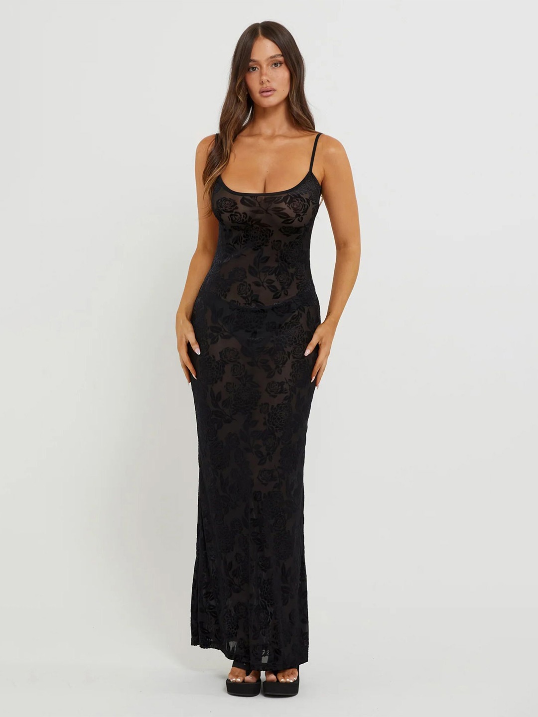 

LULU & SKY Self Design Shoulder Strap Bodycon Maxi Dress, Black
