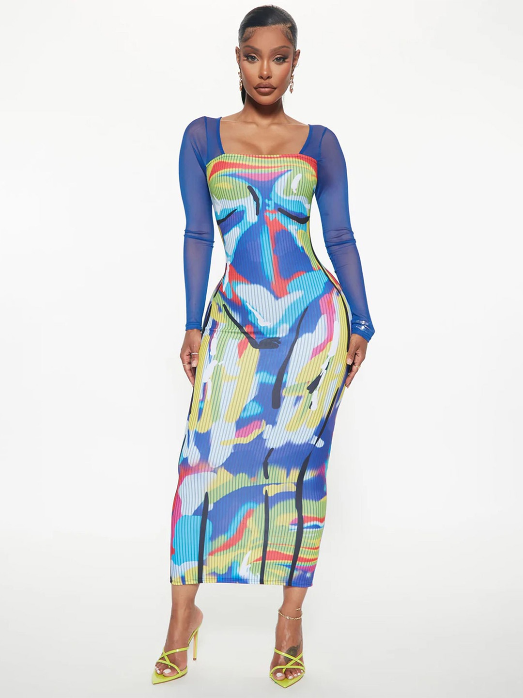 

LULU & SKY Abstract Printed Bodycon Midi Dress, Blue