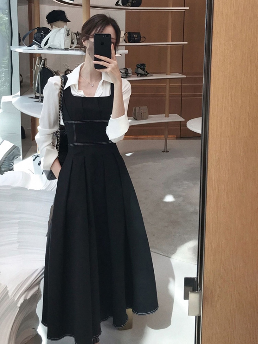 

LULU & SKY Women Solid Shirt Collar Cuffed Sleeves Midi Fit and Flare Dress, Black