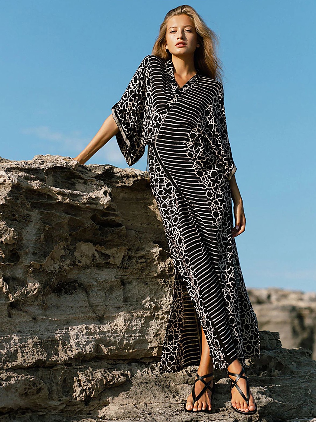 

LULU & SKY Geometric Printed Flared Sleeve Wrap Maxi Dress, Black