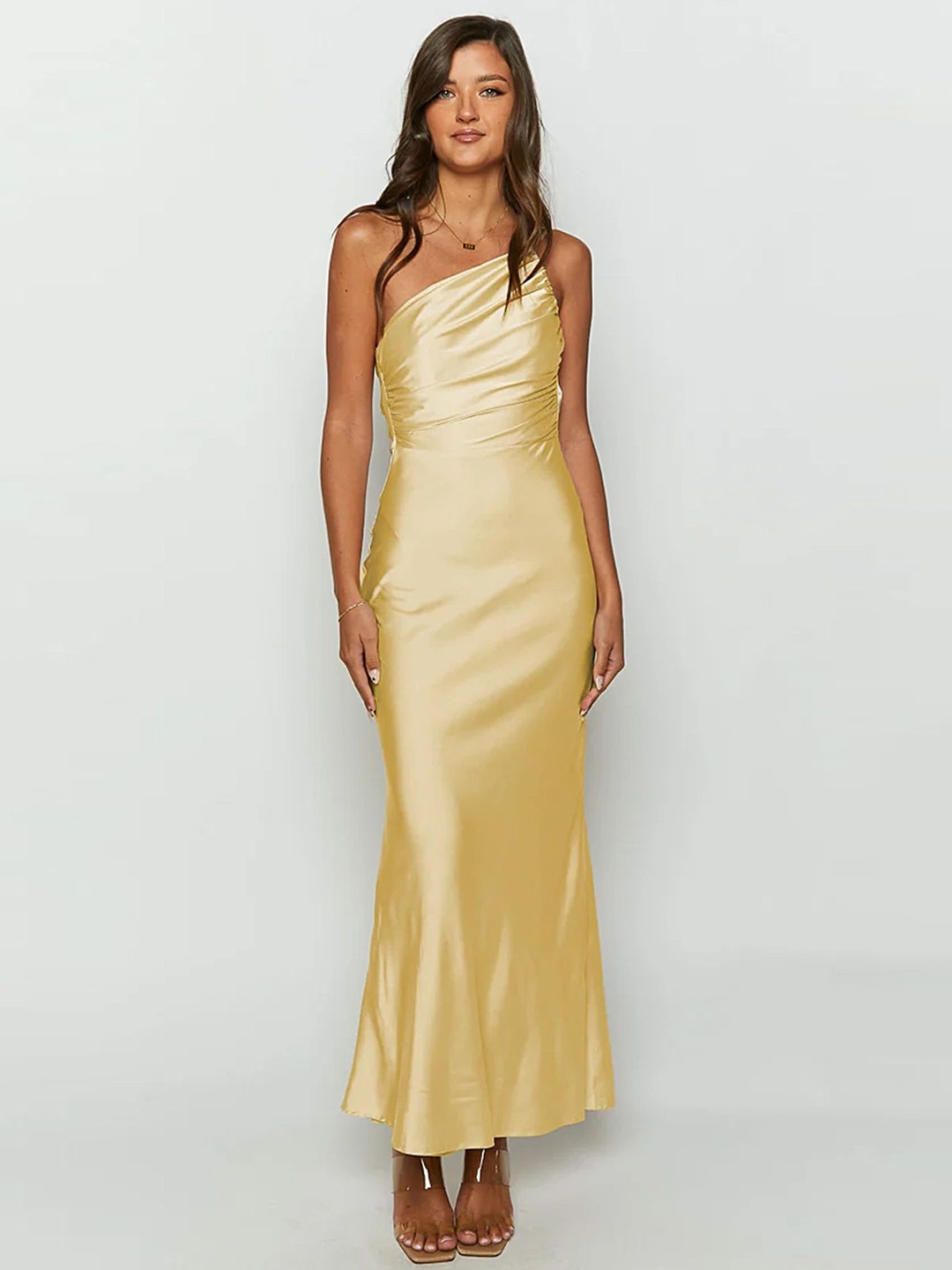 

LULU & SKYOne Shoulder Gadhered Detail Maxi Dress, Gold