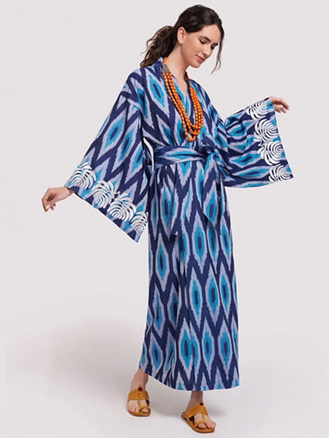 

LULU & SKY Printed Kimono Sleeves Kaftan Maxi Dress, Blue