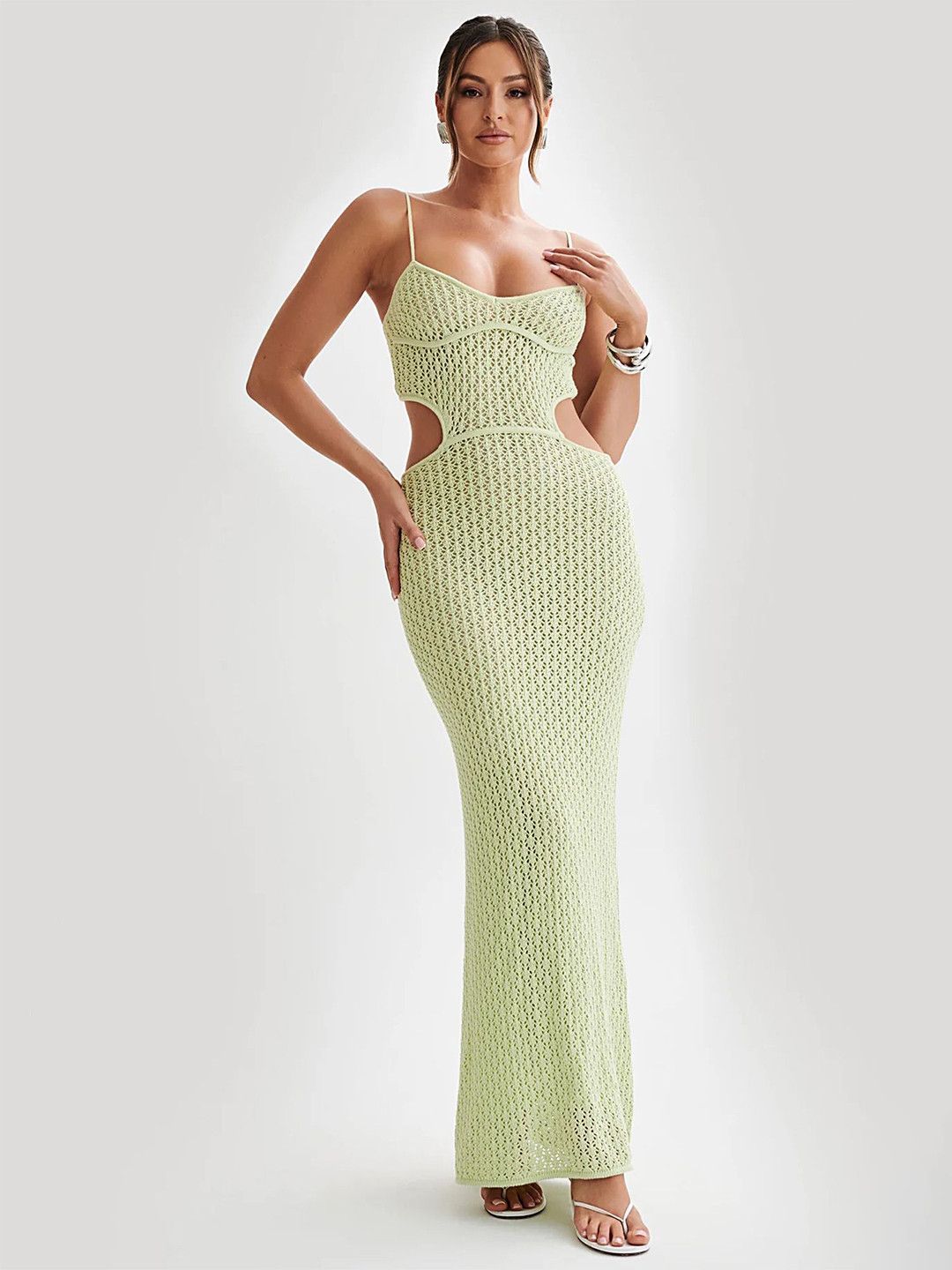 

LULU & SKY Hollow-Out Knitted Maxi Dress with Cut-Out Detail, Green