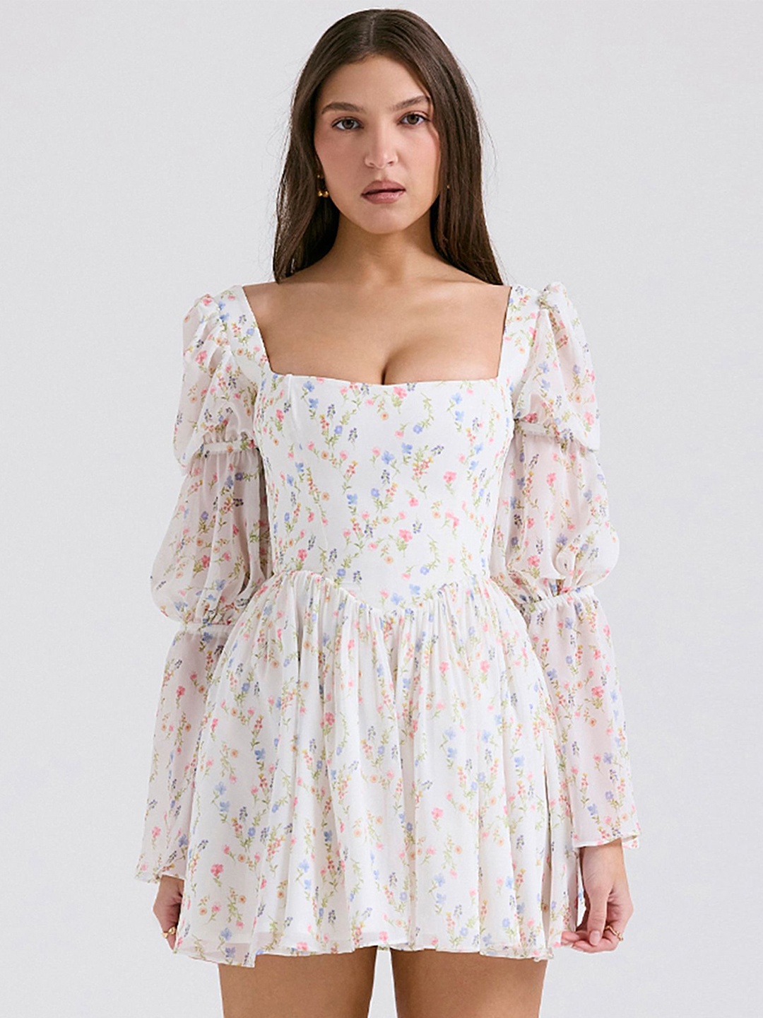 

LULU & SKY Floral Print Puff Sleeve Fit & Flare Mini Dress, White