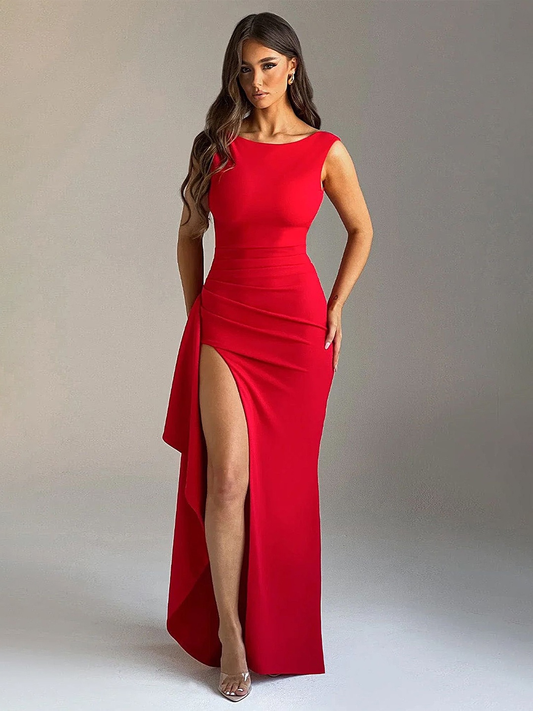 

LULU & SKY Women Solid Shoulder Straps Sleeveless Maxi Dress, Red