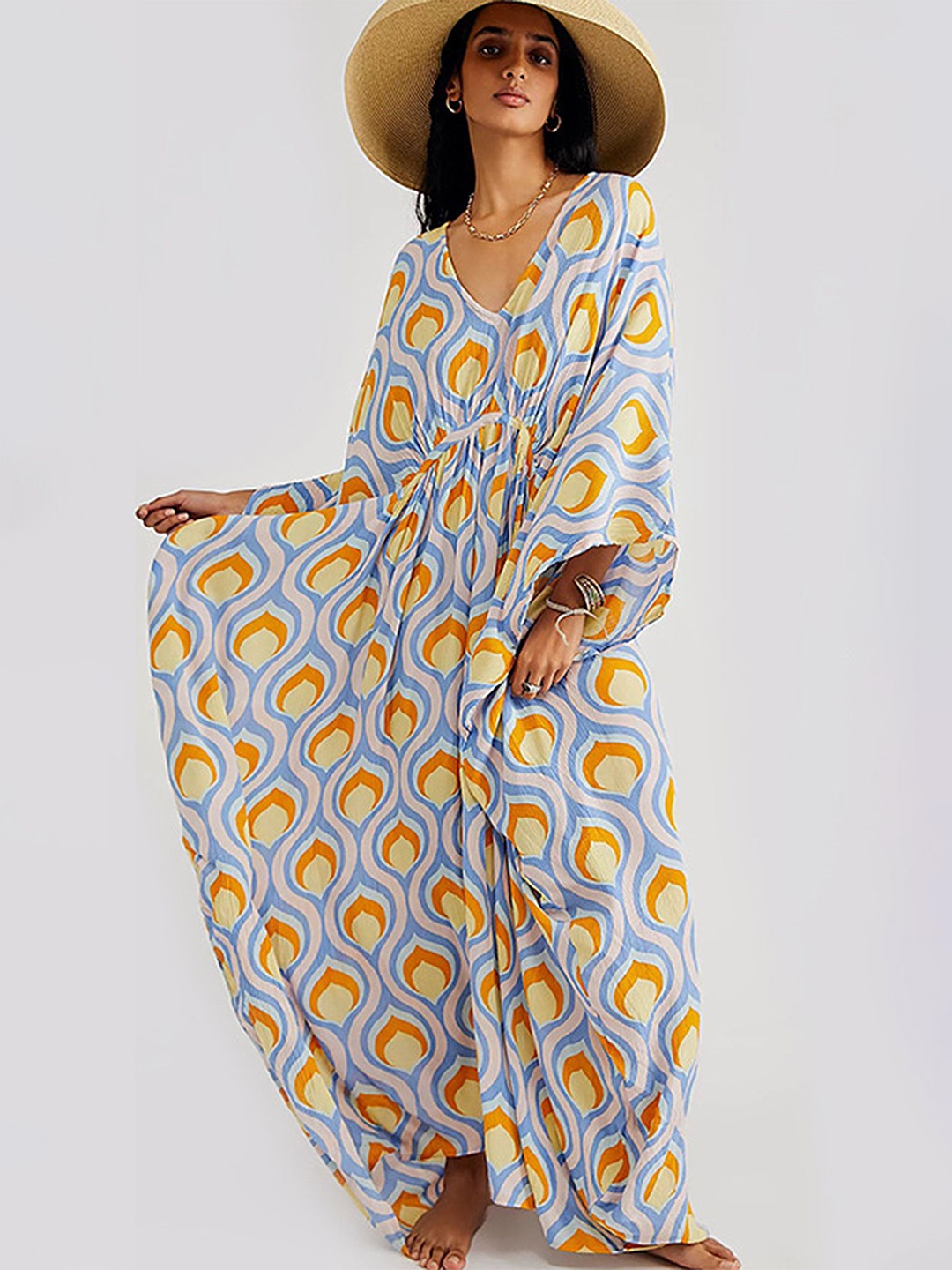 

LULU & SKY Printed Kimono Sleeves Kaftan Maxi Dress, Blue